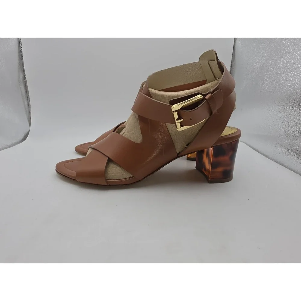 MICHAEL Michael Kors Maribella Luggage Brown Leather Sandals Tortoise Heel Sz 10